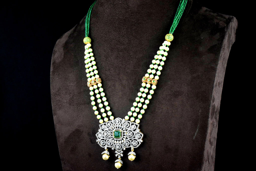 American Diamond Pendant Set with 3-Layer Pearl Necklace - Emerald Accents