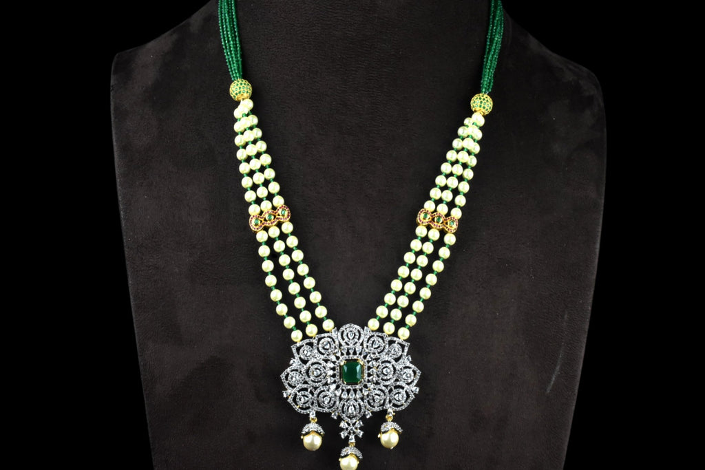 American Diamond Pendant Set with 3-Layer Pearl Necklace - Emerald Accents