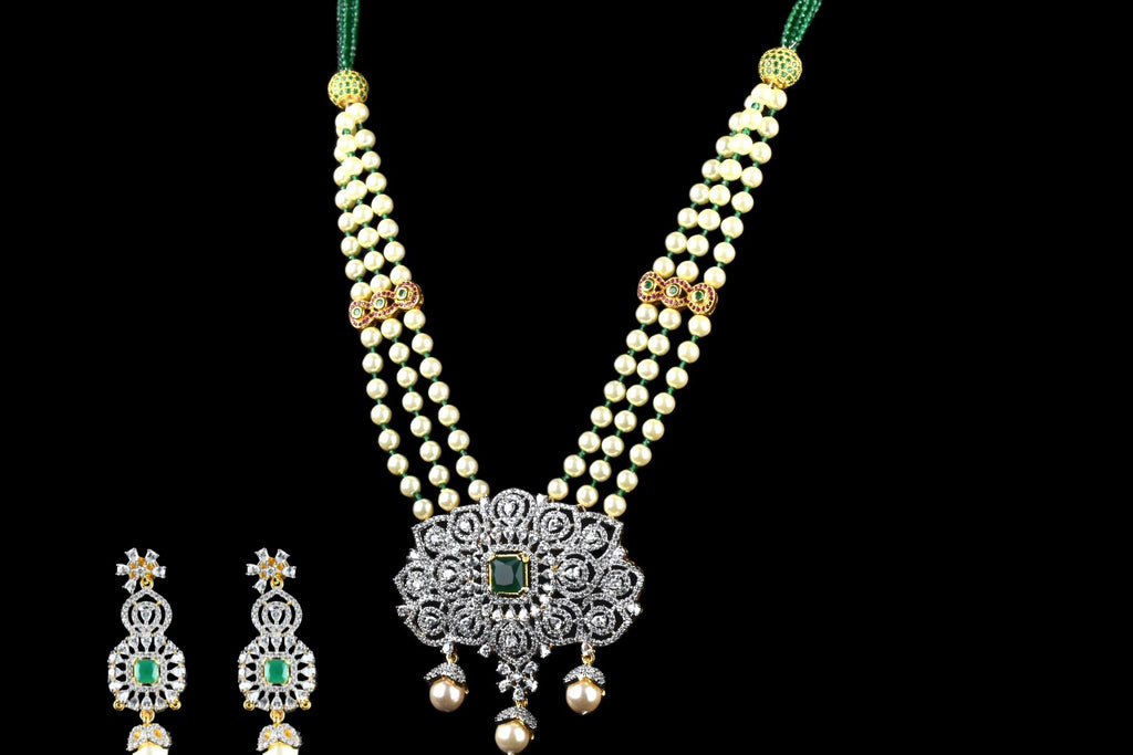 American Diamond Pendant Set with 3-Layer Pearl Necklace - Emerald Accents