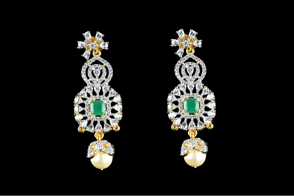 American Diamond Pendant Set with 3-Layer Pearl Necklace - Emerald Accents