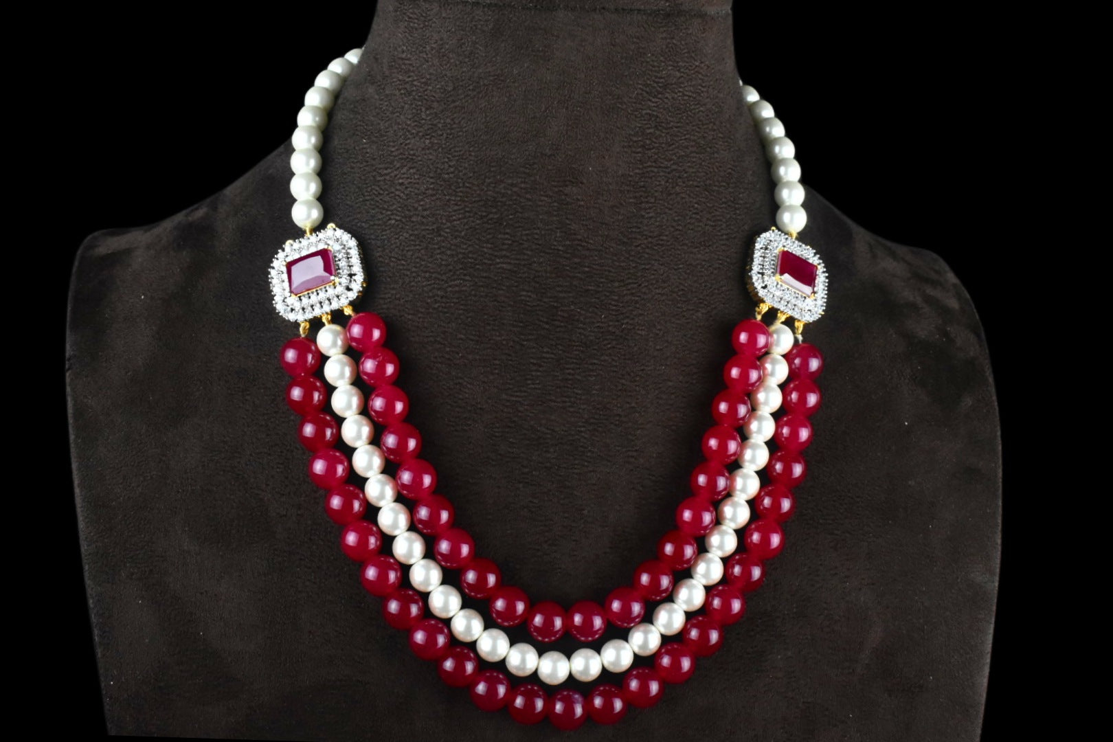 Adorable Ruby & Pearls Necklace With American Diamonds Side pendant By Asp Fashion Jewellery 