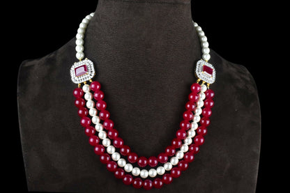 Adorable Ruby & Pearls Necklace With American Diamonds Side pendant By Asp Fashion Jewellery 