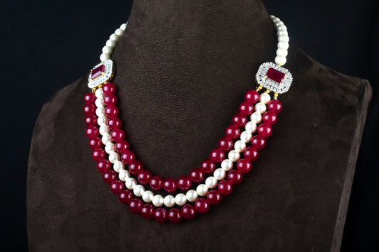 Adorable Ruby & Pearls Necklace With American Diamonds Side pendant By Asp Fashion Jewellery 