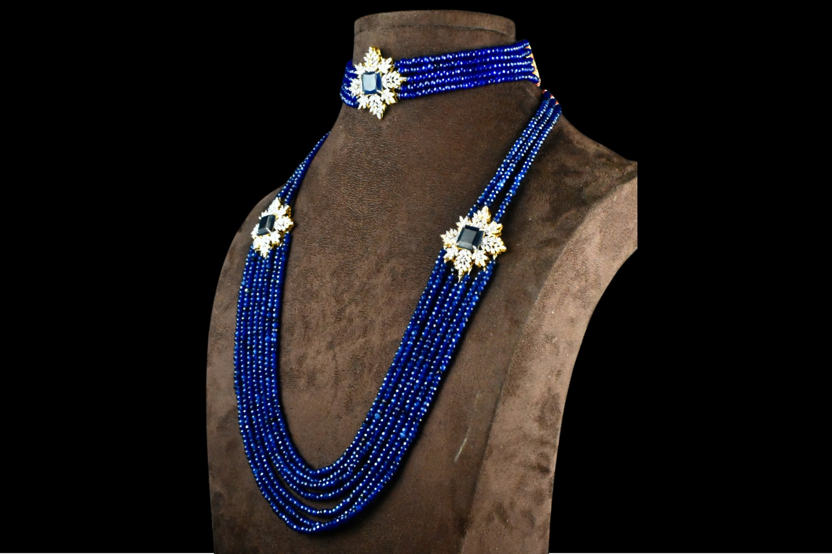 American Diamond Blue sapphire Beads Choker With Long Haram Combo Set By Asp Fashion Jewellery