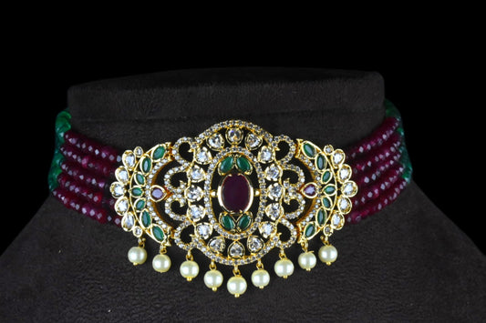 Cz Pendant & Ruby Emralds Beads Choker Set By Asp Fashion Jewellery