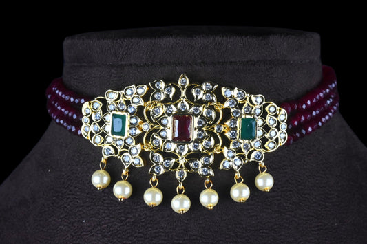 Cz Pendant & Ruby Beads Choker Set By Asp Fashion Jewellery