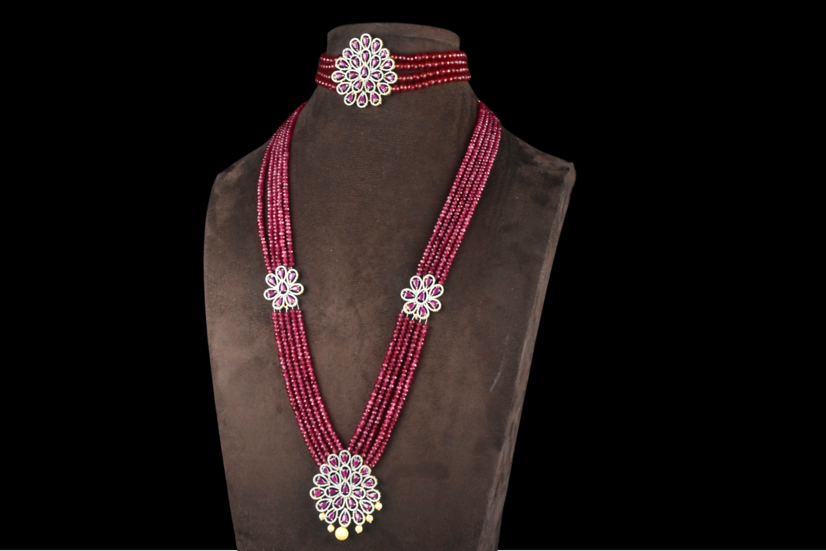 American Diamond Ruby Beads Choker With Long Haram Combo Set By Asp Fa