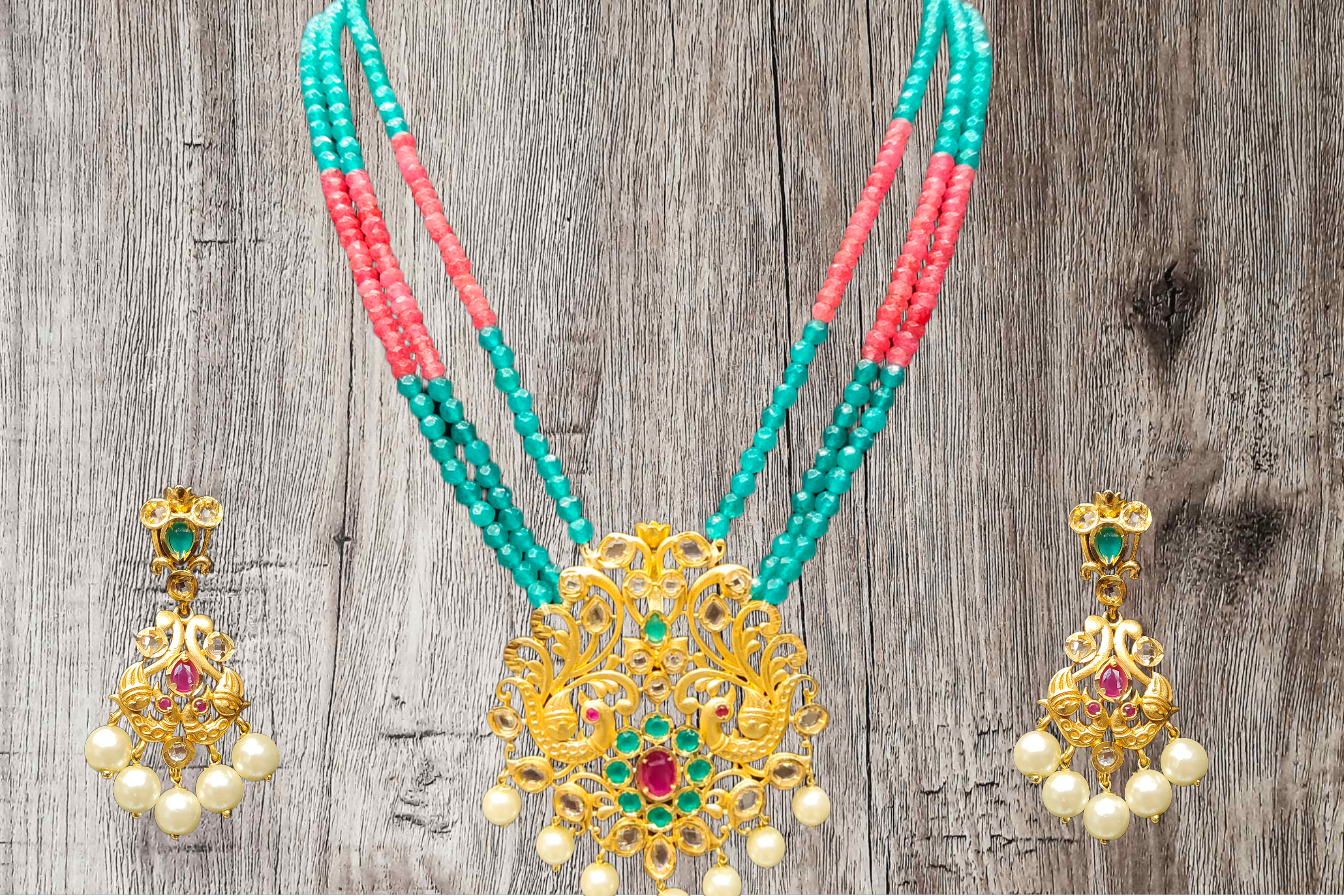 Beads Necklace With Uncut American Diamond Pendant Set By Asp Fashion Jewellery