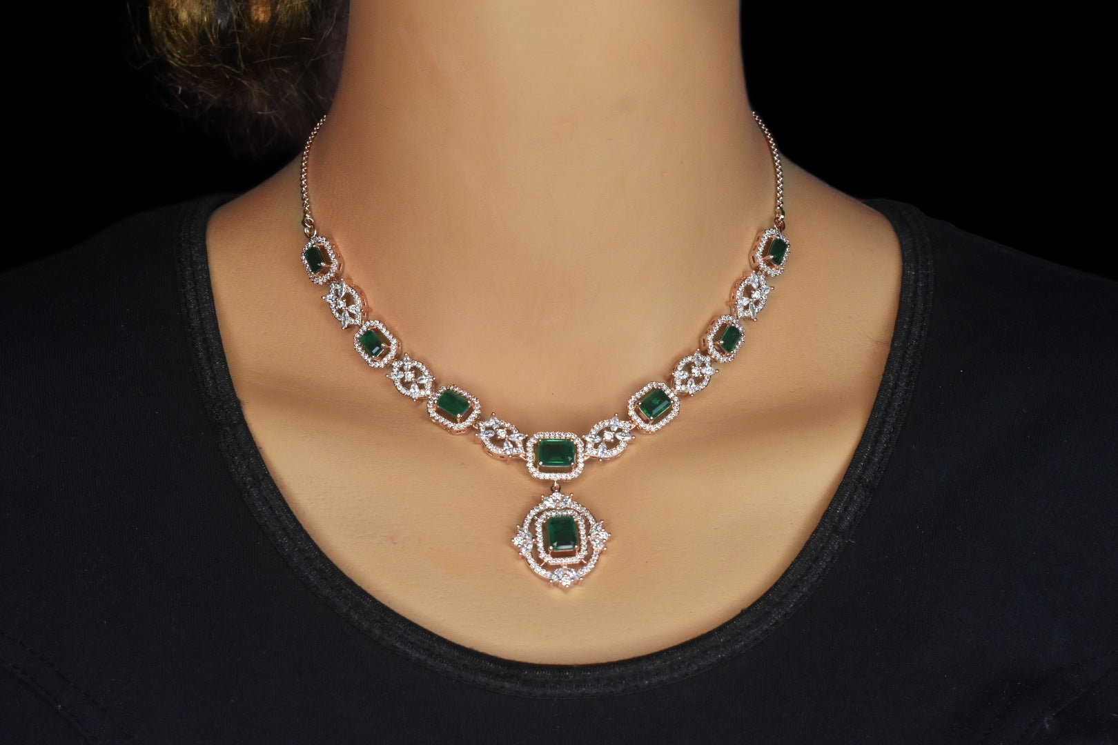 Emerald American Diamond Necklace Set - Rose Gold Jewelry for Women
