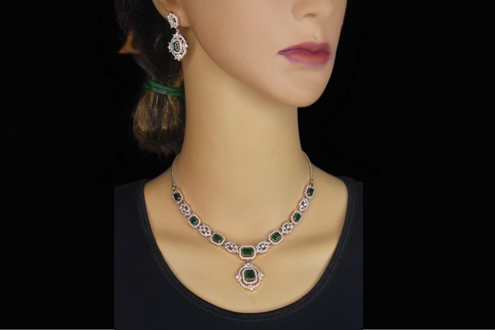 Emerald American Diamond Necklace Set - Rose Gold Jewelry for Women