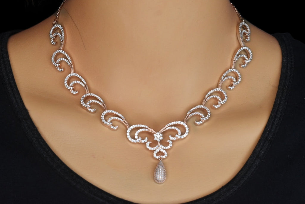 Floret American Diamond Necklace Set - Rose Gold Statement Jewelry