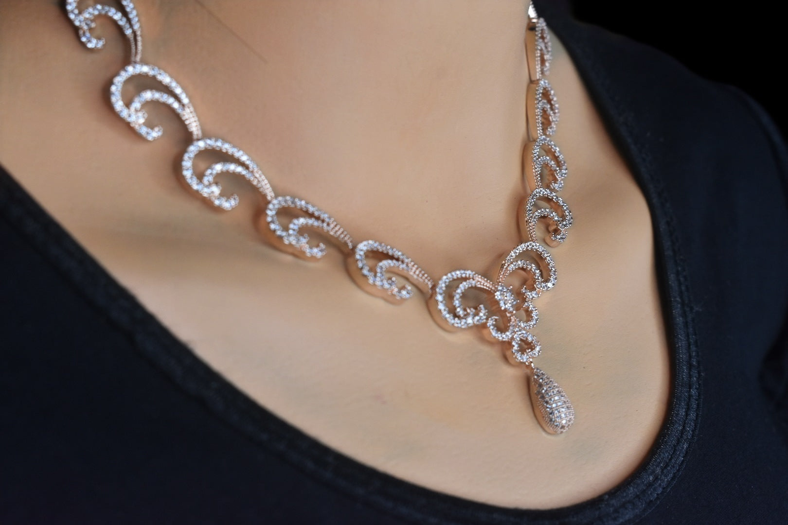 Floret American Diamond Necklace Set - Rose Gold Statement Jewelry