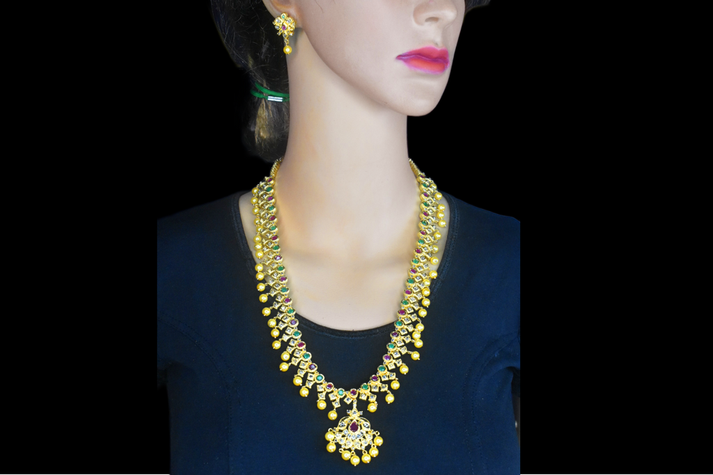 Uncut Diamond Haram with Ruby & Emerald - Gold Finished Long Necklace Set