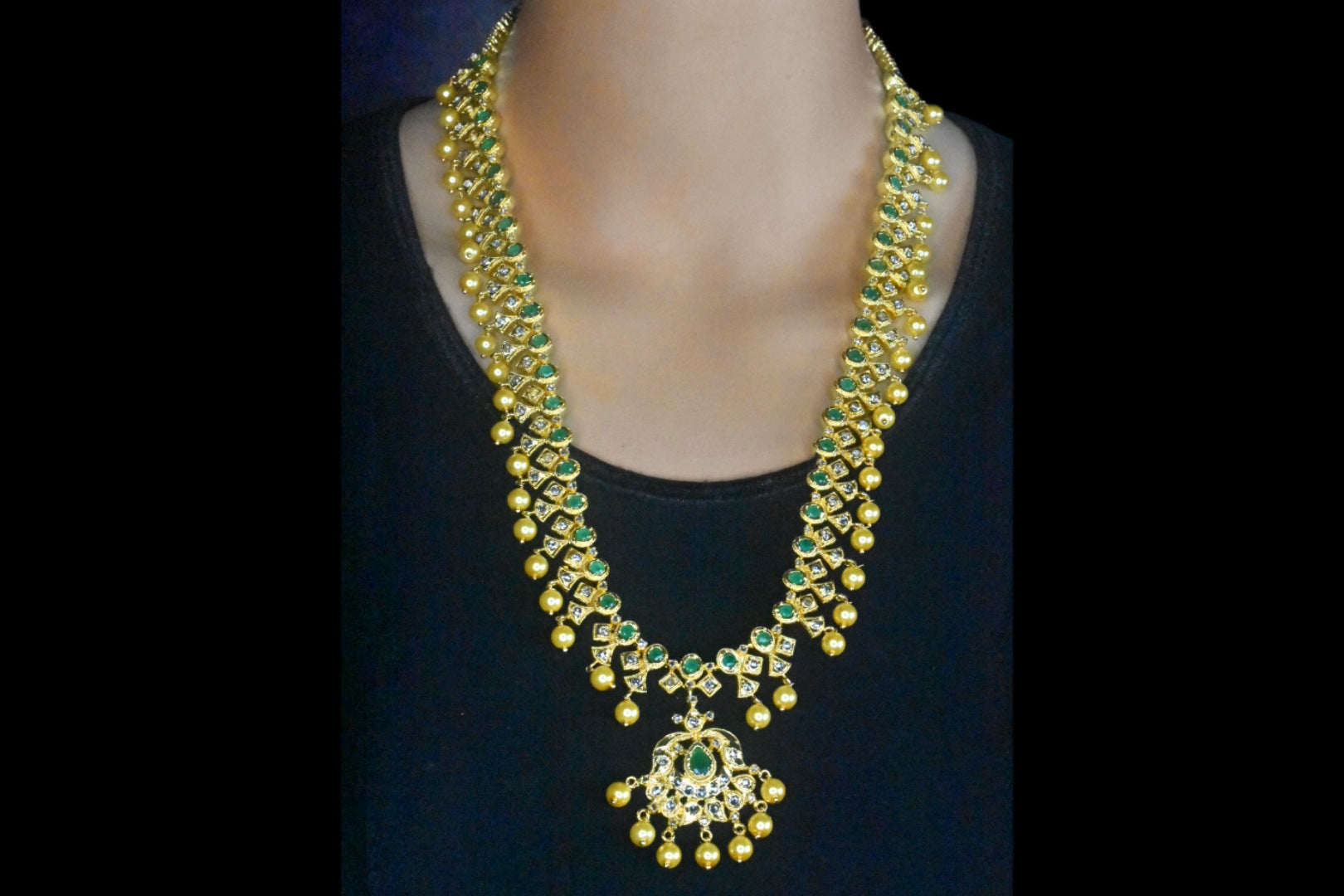 Uncut Diamond Haram with Ruby & Emerald - Gold Finished Long Necklace Set
