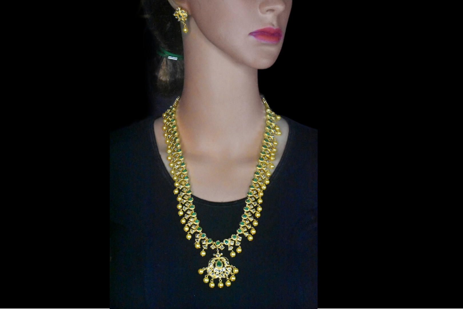 Uncut Diamond Haram with Ruby & Emerald - Gold Finished Long Necklace Set