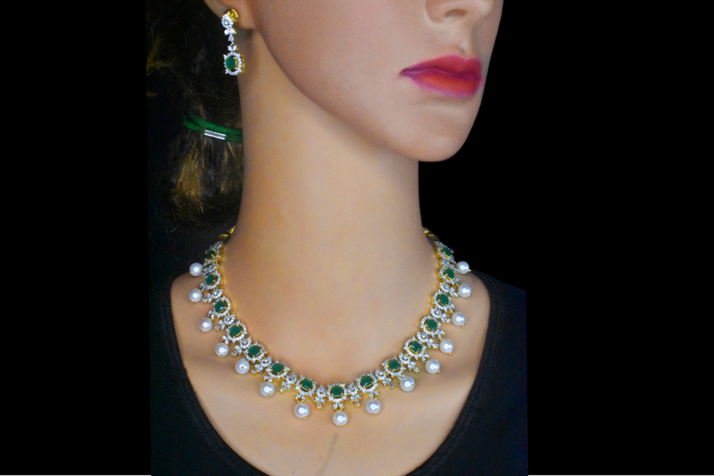 Graceful One Gram Gold Emerald Ruby American Diamond Necklace Set