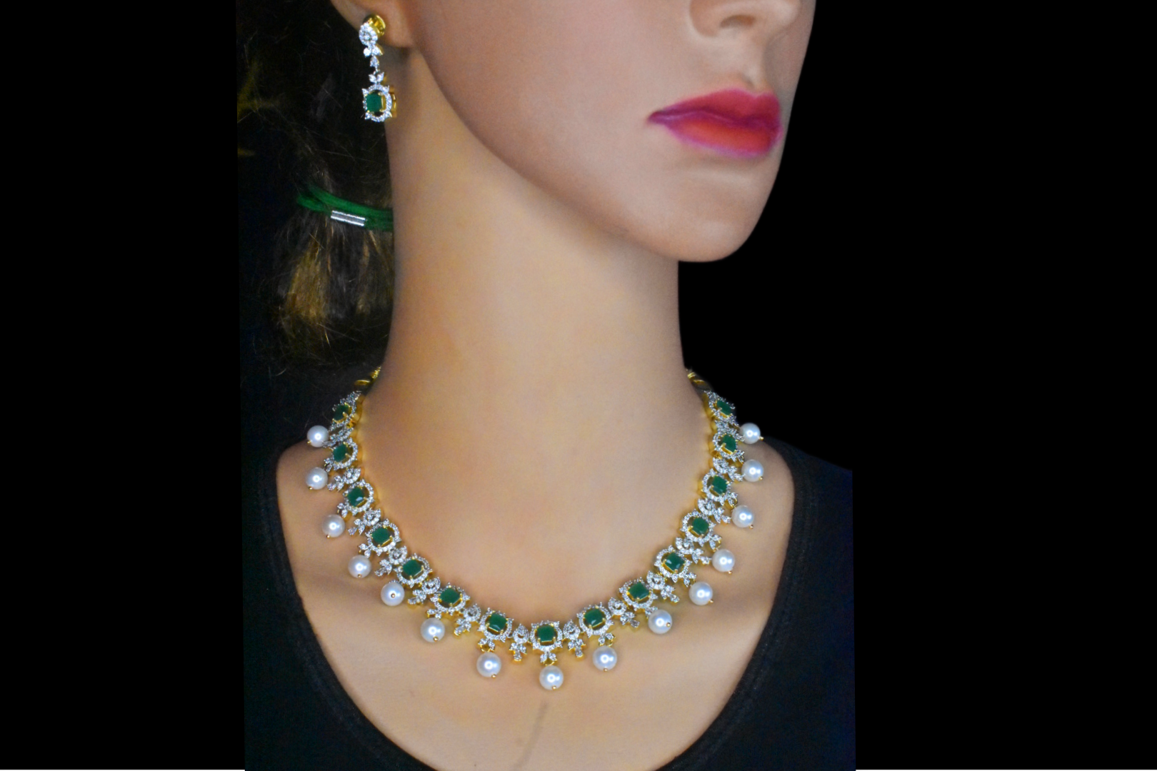 Graceful One Gram Gold Emerald Ruby American Diamond Necklace Set