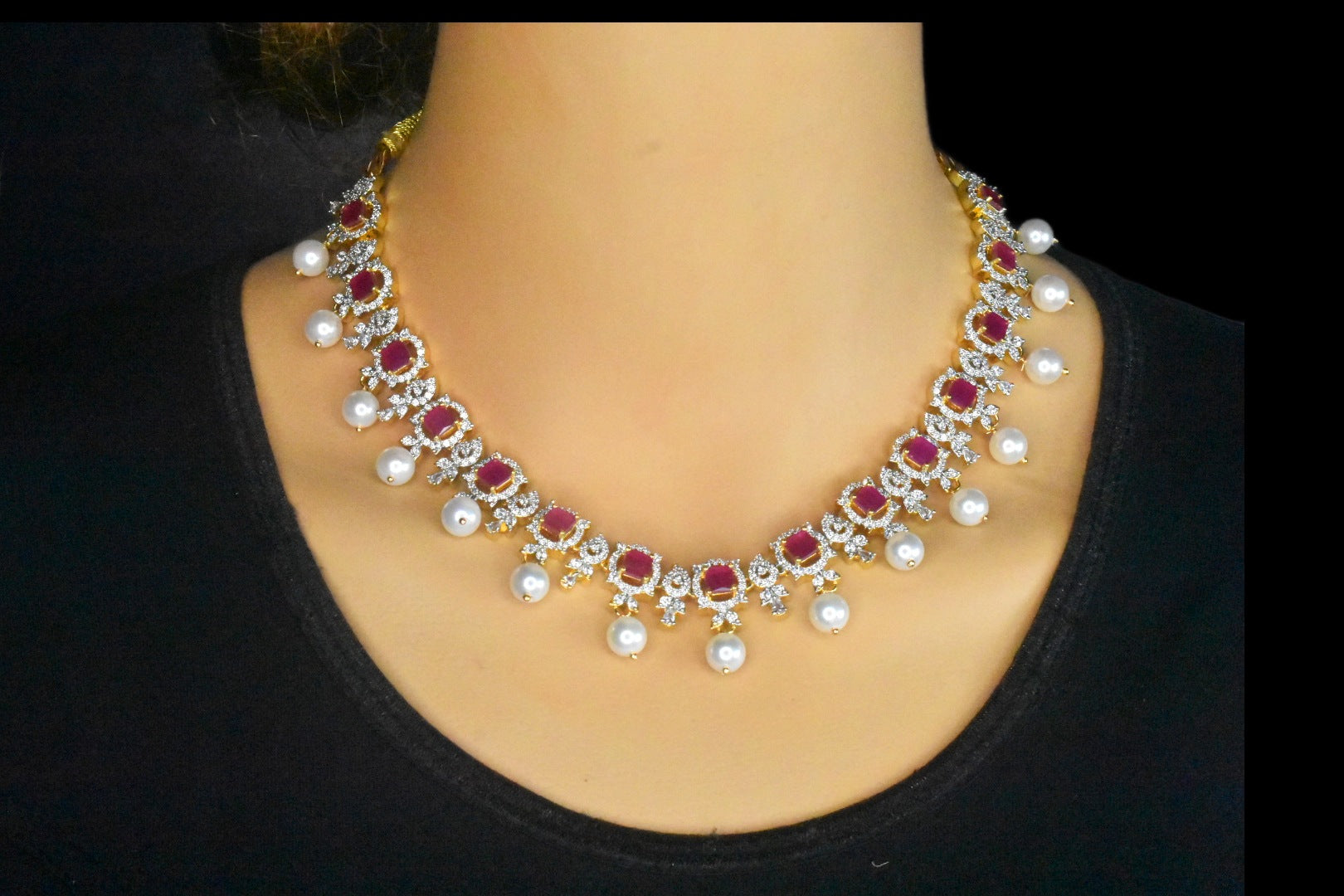 Graceful One Gram Gold Emerald Ruby American Diamond Necklace Set