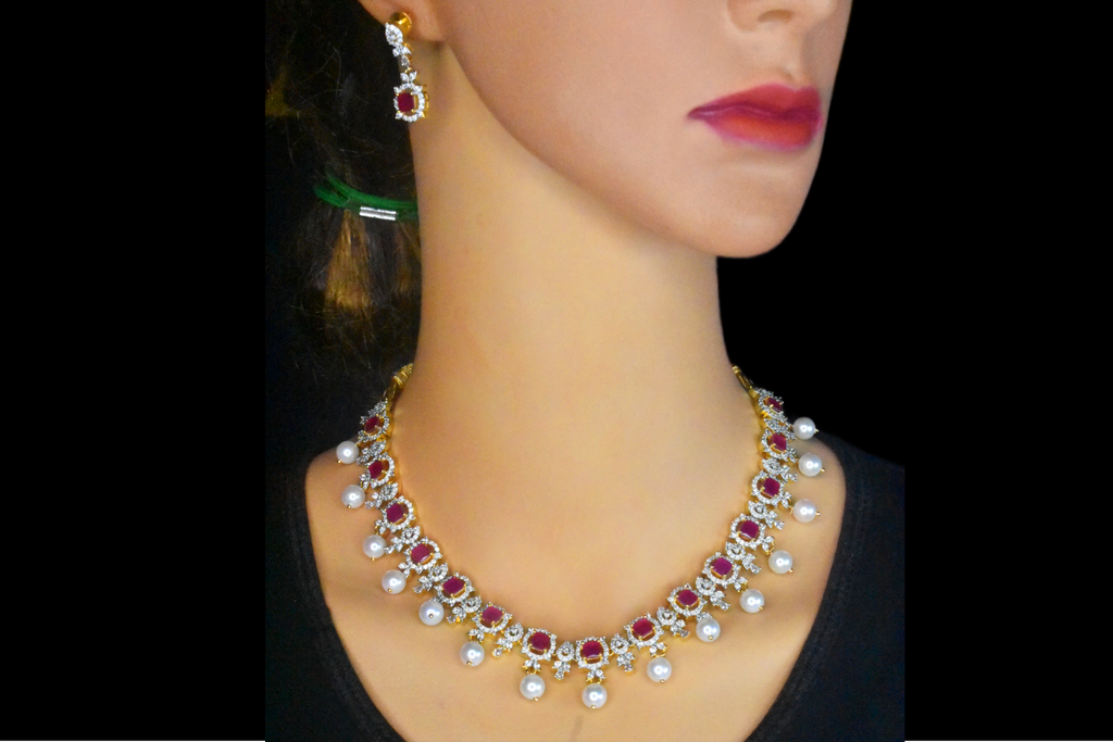 Graceful One Gram Gold Emerald Ruby American Diamond Necklace Set