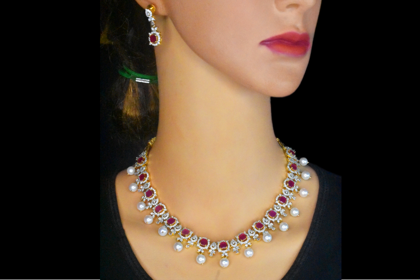 Graceful One Gram Gold Emerald,Ruby And American Diamonds Necklace