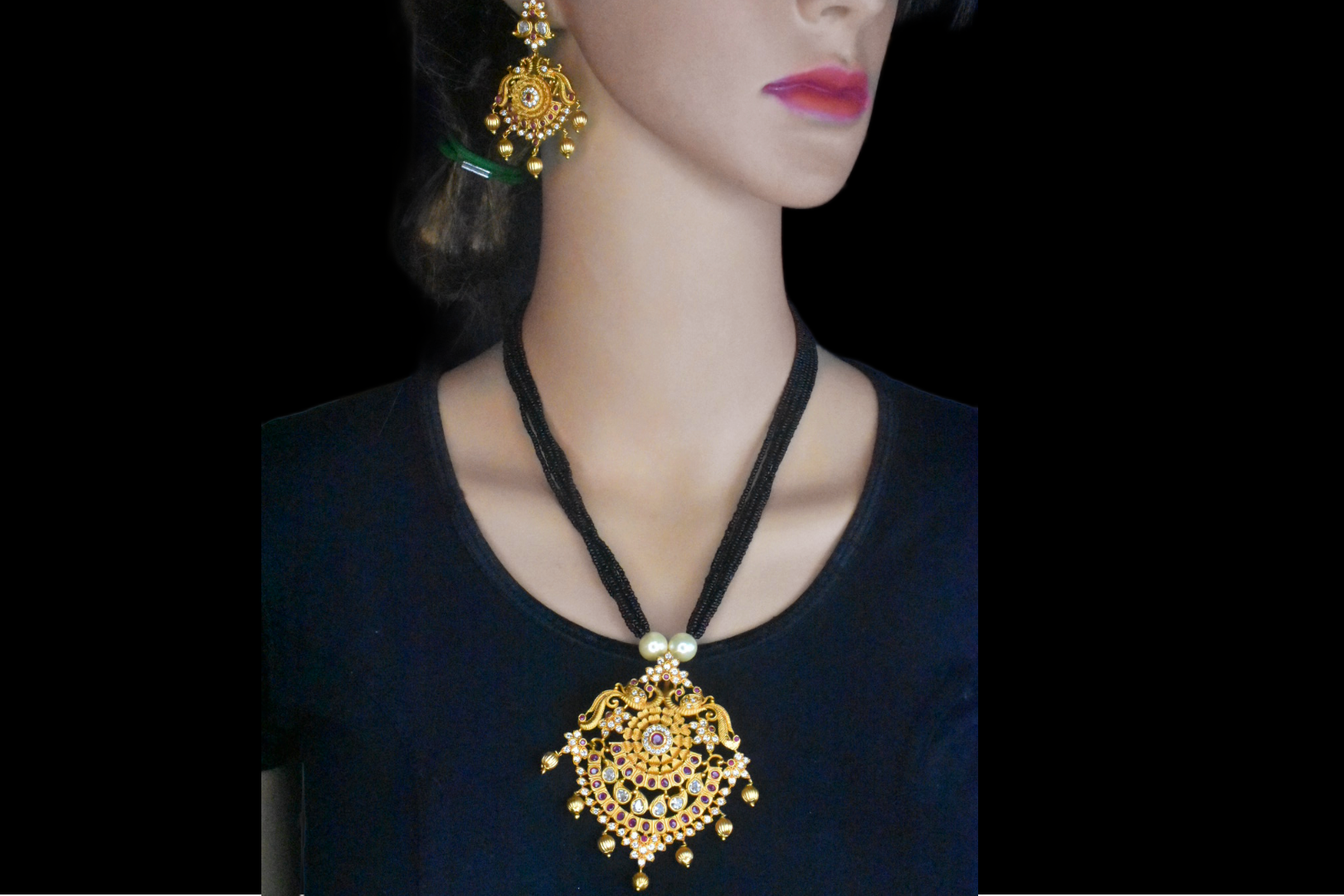 Antique Peacock Pendant With Black Beads Necklace Set By Asp Fashion Jewellery