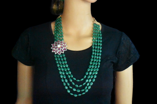 Multi Strand Emerald Beads Necklace With Peacock Side Pendant  By Asp Fashion Jewellery