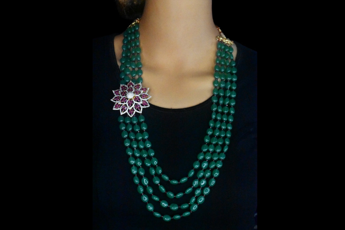 Multi Strand Emerald Beads Necklace With Peacock Side Pendant  By Asp Fashion Jewellery