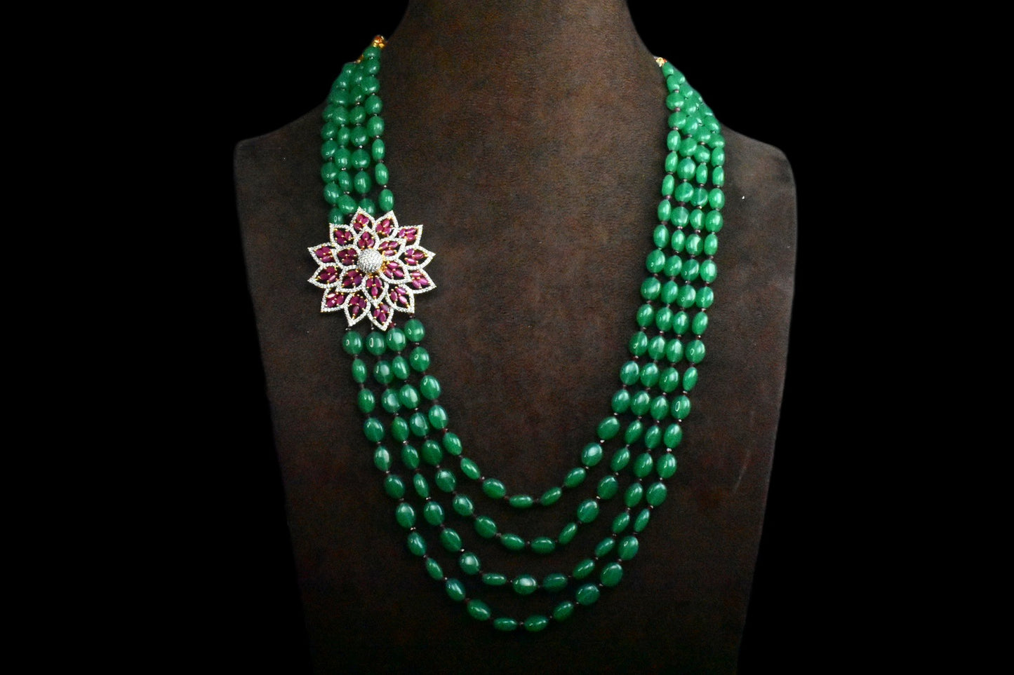 Multi Strand Emerald Beads Necklace With Peacock Side Pendant  By Asp Fashion Jewellery