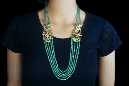 Multi Strand Emerald Beads Necklace With Peacock Side Pendants  By Asp Fashion Jewellery