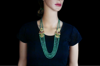 Multi Strand Emerald Beads Necklace With Peacock Side Pendants  By Asp Fashion Jewellery