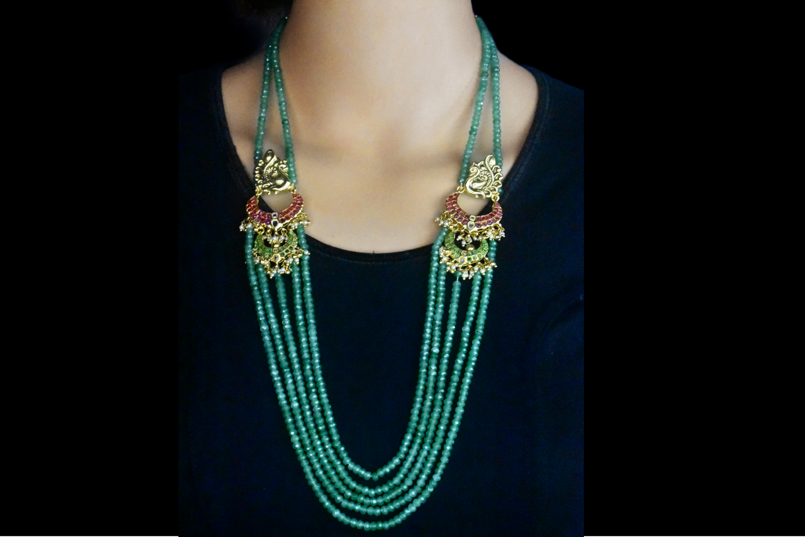 Multi Strand Emerald Beads Necklace With Peacock Side Pendants By