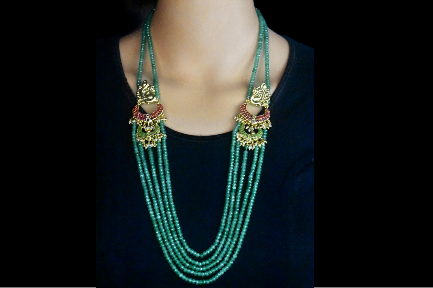 Multi Strand Emerald Beads Necklace With Peacock Side Pendants  By Asp Fashion Jewellery