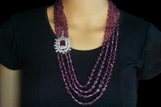 Ruby Beads Necklace With American Diamonds Side Pendant By Asp Fashion Jewellery
