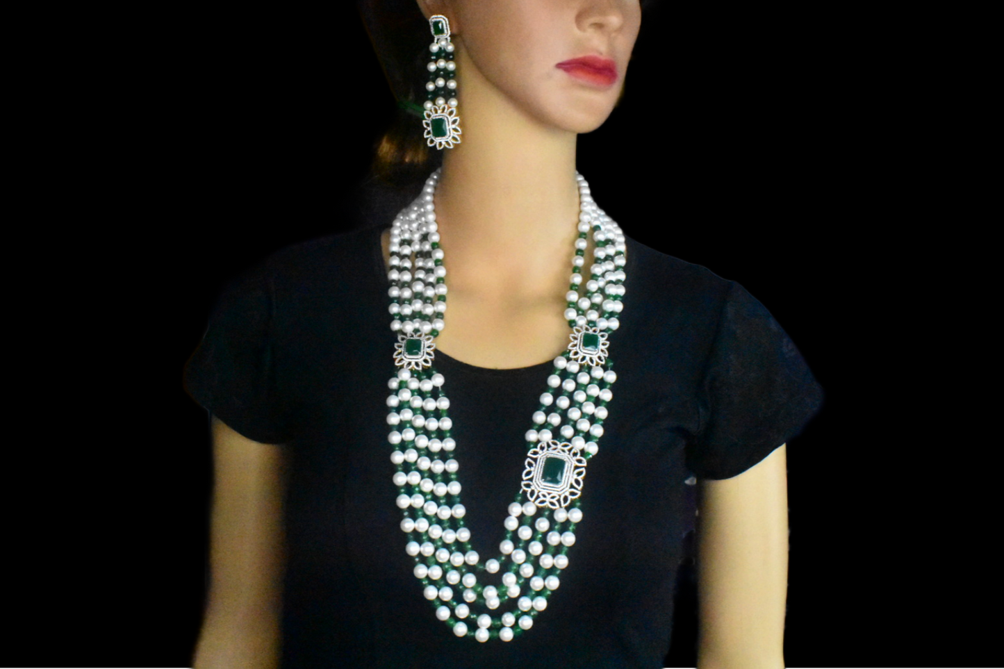 American Diamond Side Brooch With Pearls, Emralds Beads Rani Haar Necklace Set By Asp Fashion Jewellery