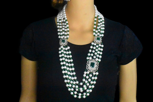 American Diamond Side Brooch With Pearls, Emralds Beads Rani Haar Necklace Set By Asp Fashion Jewellery