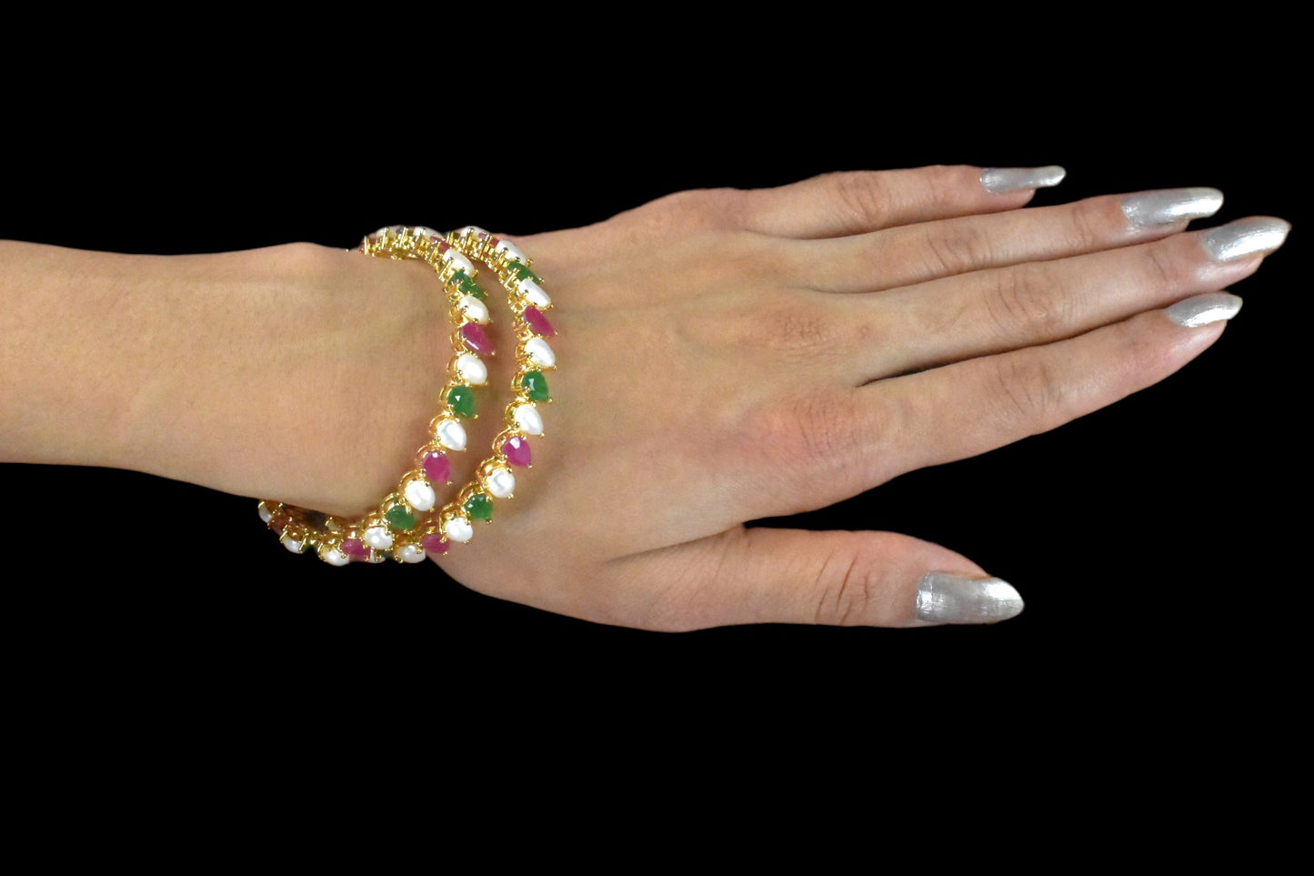 Precious Gemstones Pearl Ruby Emerald Bangle Pair By Asp Fashion Jewellery