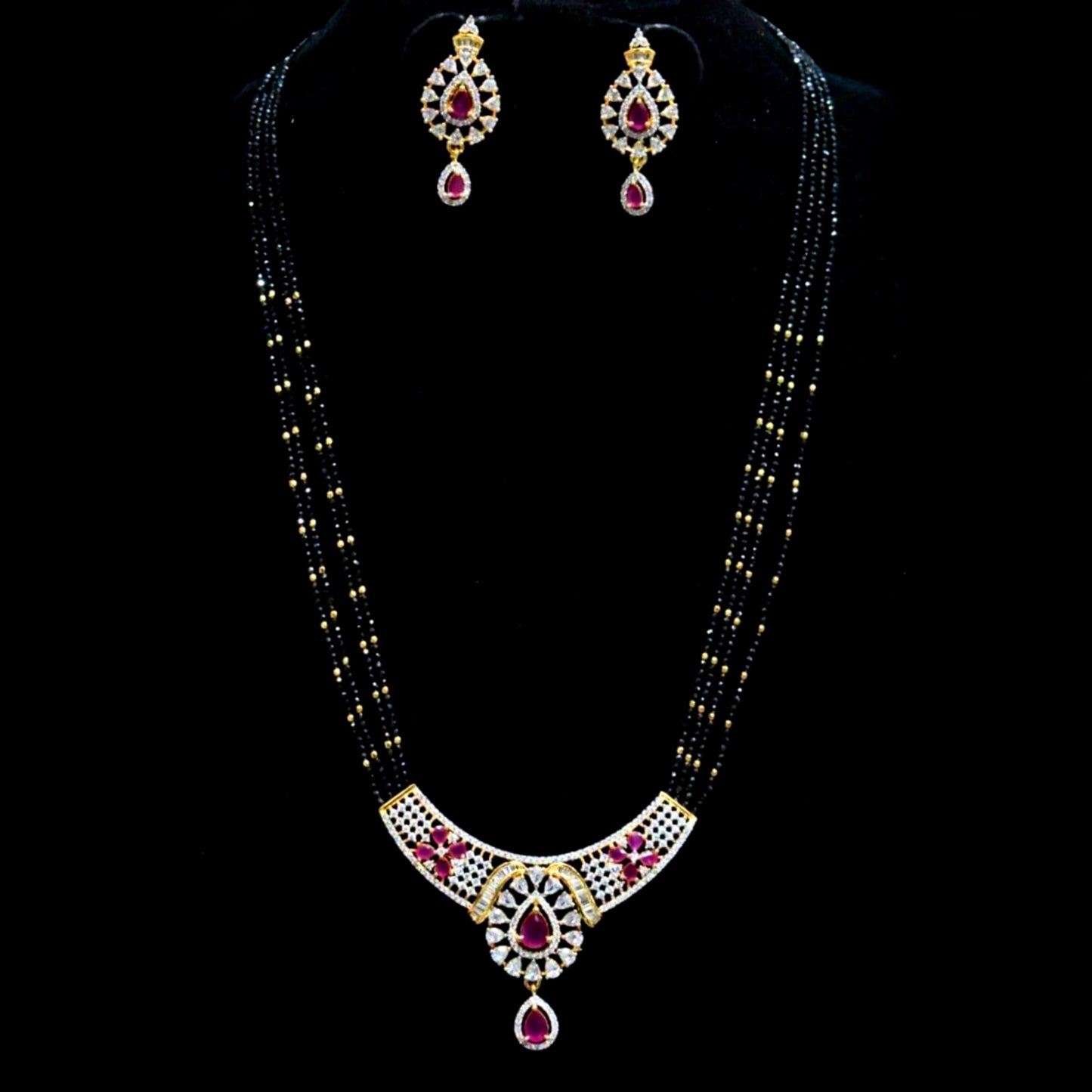 Black Beads Necklace With American diamond pendant
set