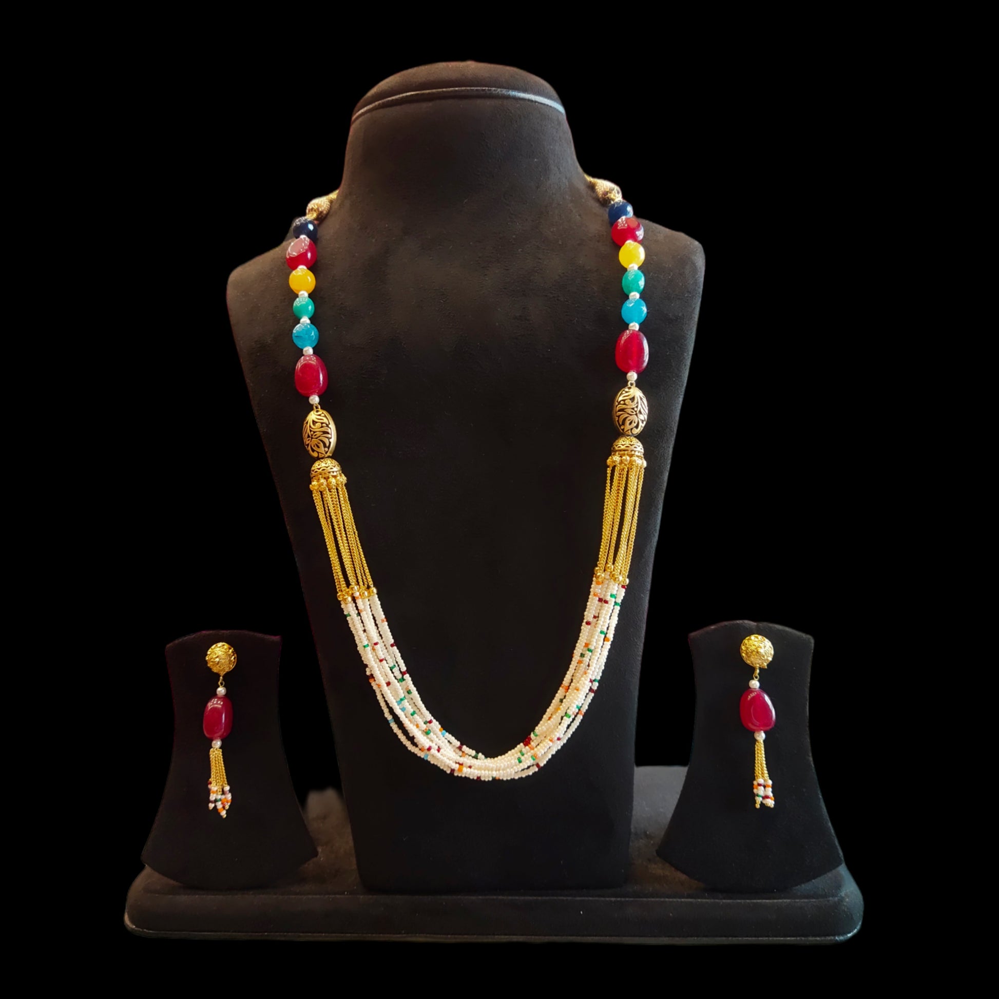 Pearls With Ruby EmraldsTumbles And Gold Plated Chains Necklace By Asp Fashion Jewellery