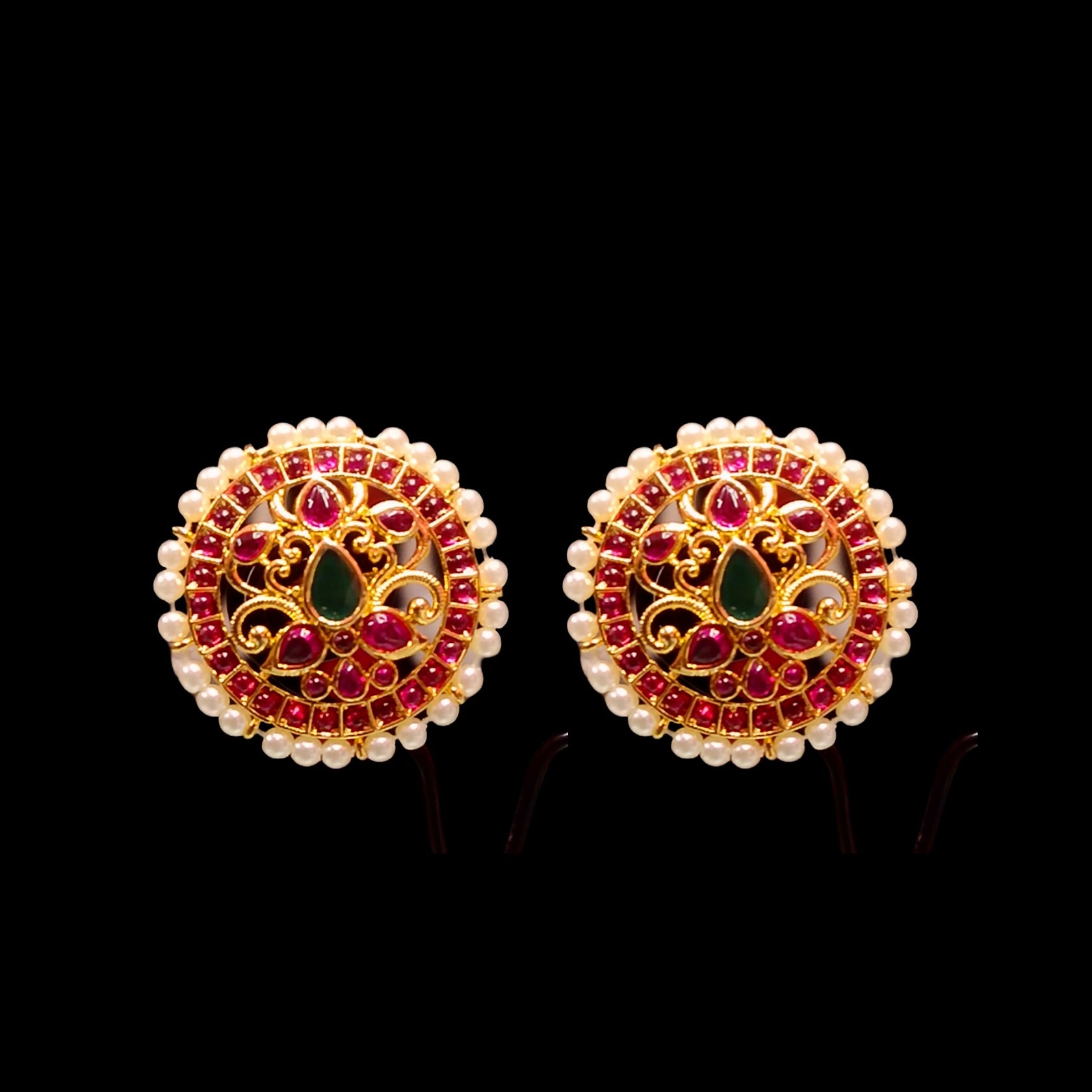 Kempu Ear-Studs With Pearls - Traditional South Indian Temple Jewelry