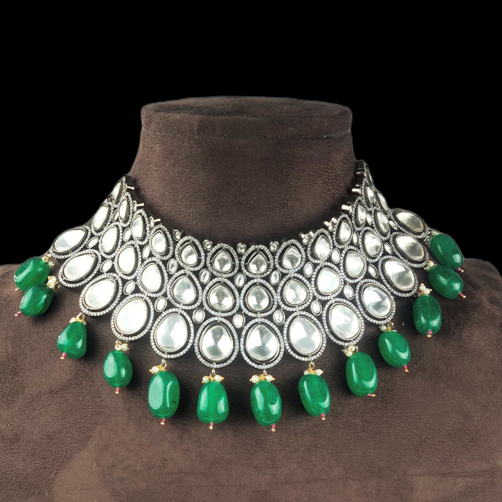 Moissanite Kundan American Diamond Choker Set with Emeralds - Victorian Finish