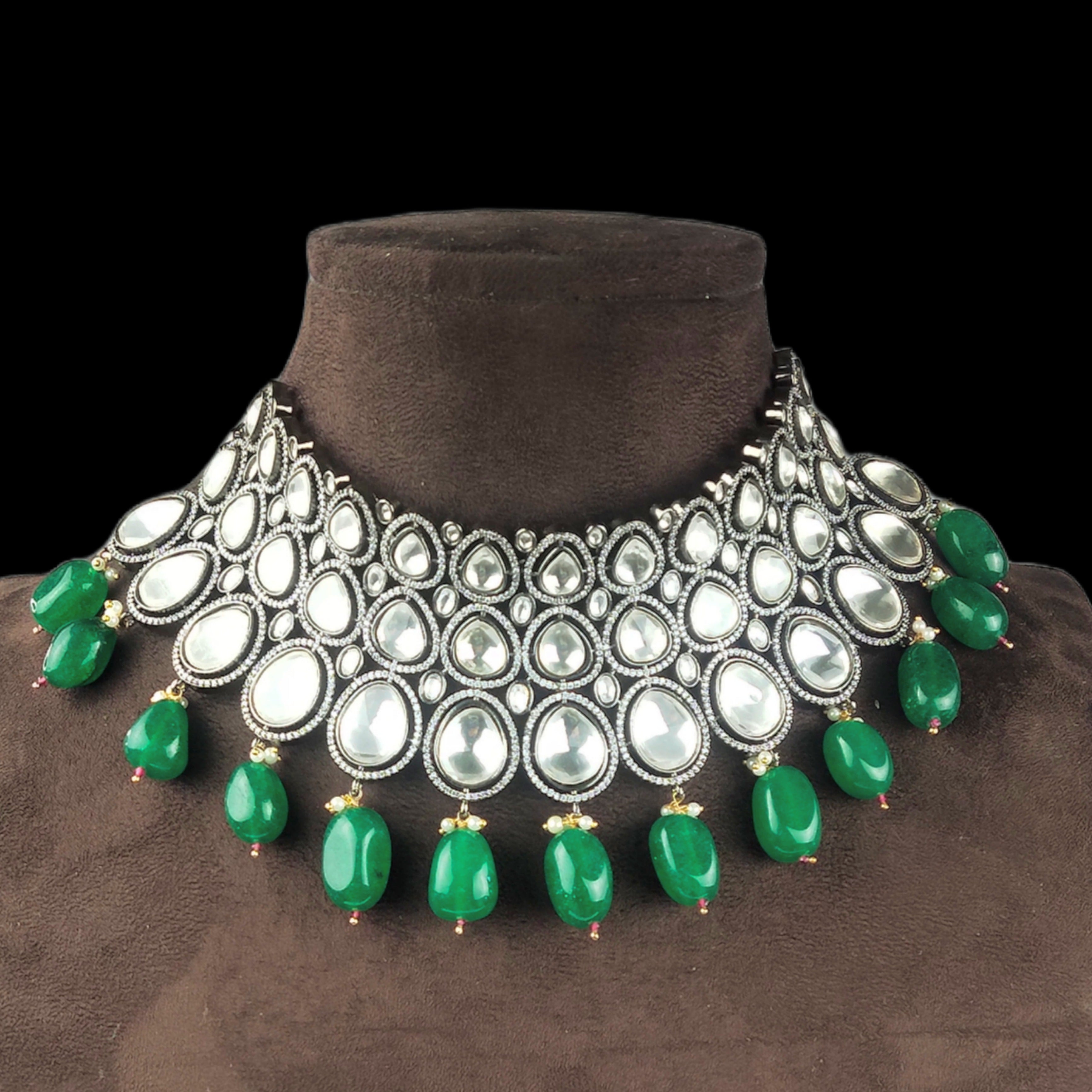 Moissanite Kundan American Diamond Choker Set with Emeralds - Victorian Finish
