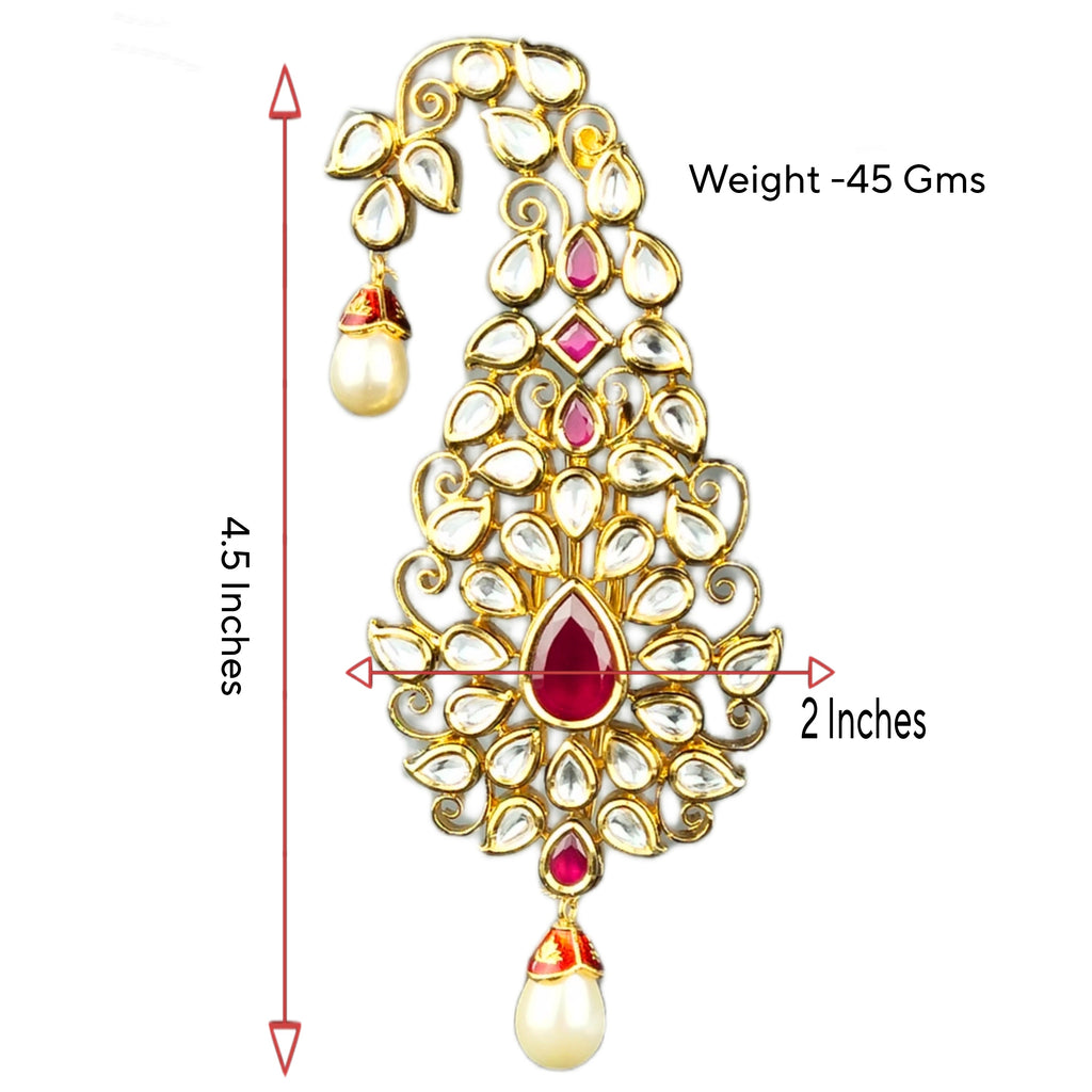 Asp Kundan Kalangi For Groom - 24K Gold Ruby Stone Turban Kalgi with Pearls
