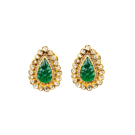 Silver Moissanite and Carved Emerald Earring