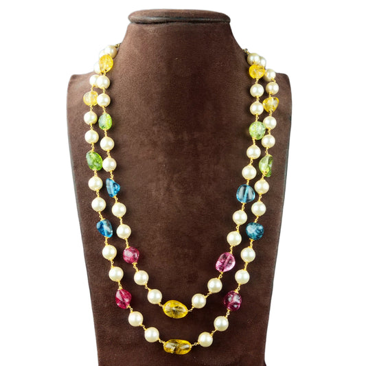 Multi Colors Tourmaline Tumble Stone Pearl Beads Double Layered Necklace By Asp Fashion Jewellery