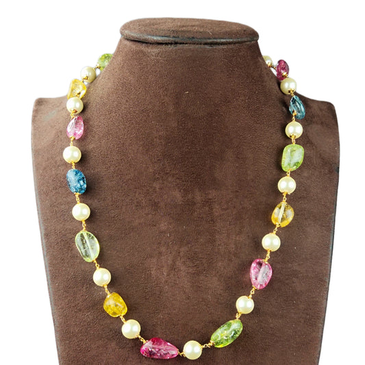 Multi Colors Tourmaline Tumble Stone Pearl Beads Single Line Necklace By Asp Fashion Jewellery