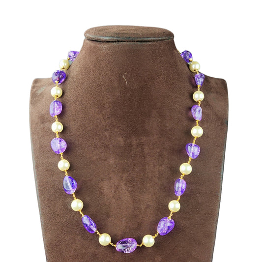 Purple Tourmaline Tumble Stone Pearl Beads Single Line Necklace By Asp Fashion Jewellery