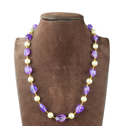 Purple Tourmaline Tumble Stone Pearl Beads Single Line Necklace For Men By Asp Fashion Jewellery