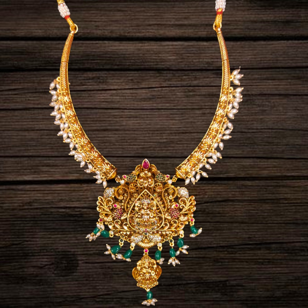 Antique Nakshi Kanti Necklace | Laxmi Pendant with Emerald Pearl Beads