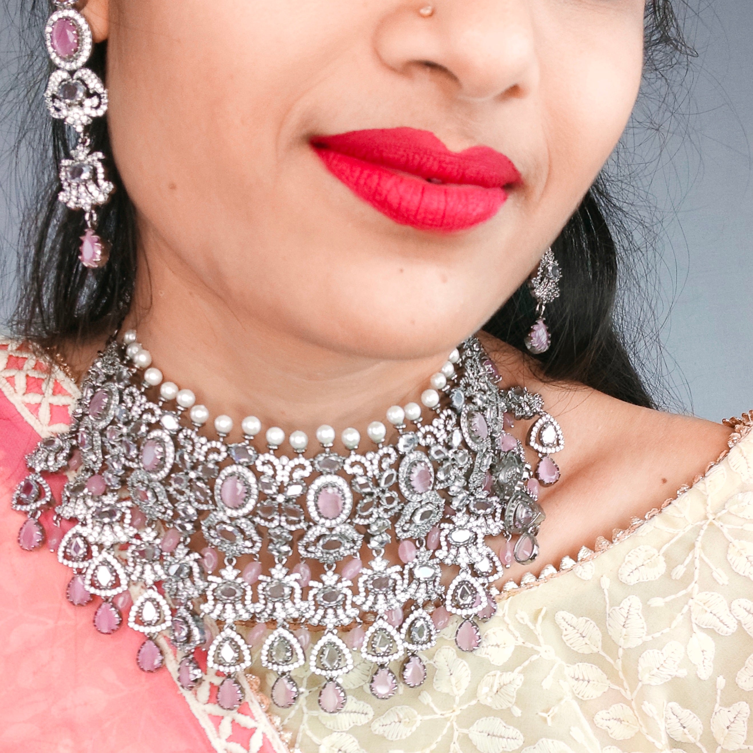 Victorian CZ Diamond Choker Set with Emerald Ruby - Bridal Jewelry by Asp