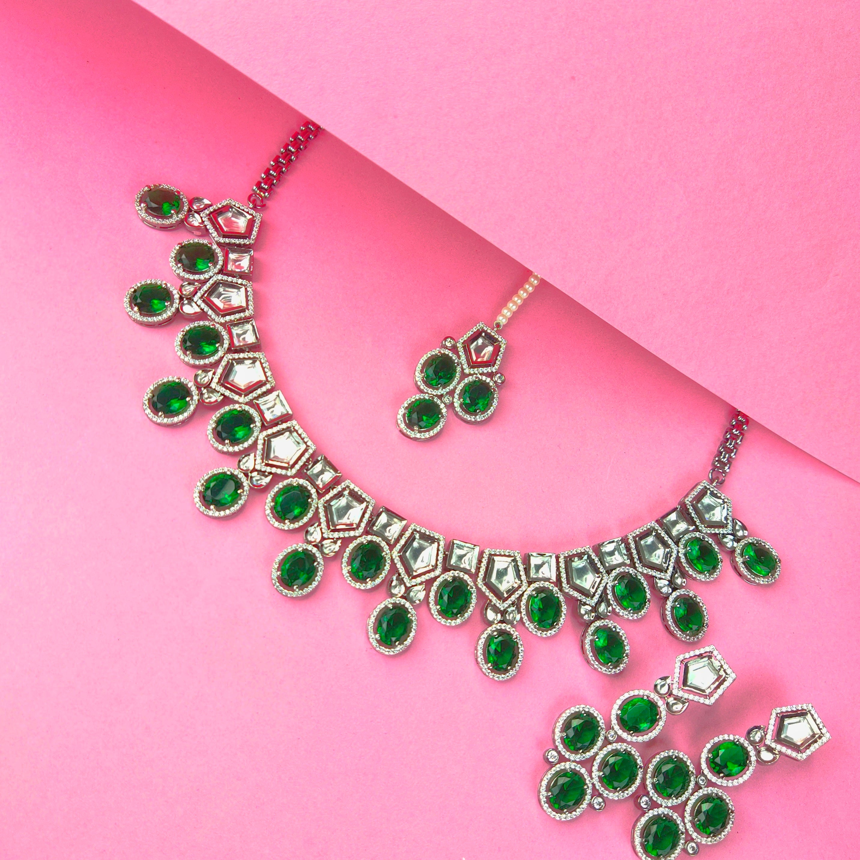 Victorian Necklace Set With Moissanite Polki And Ruby,Emeralds 